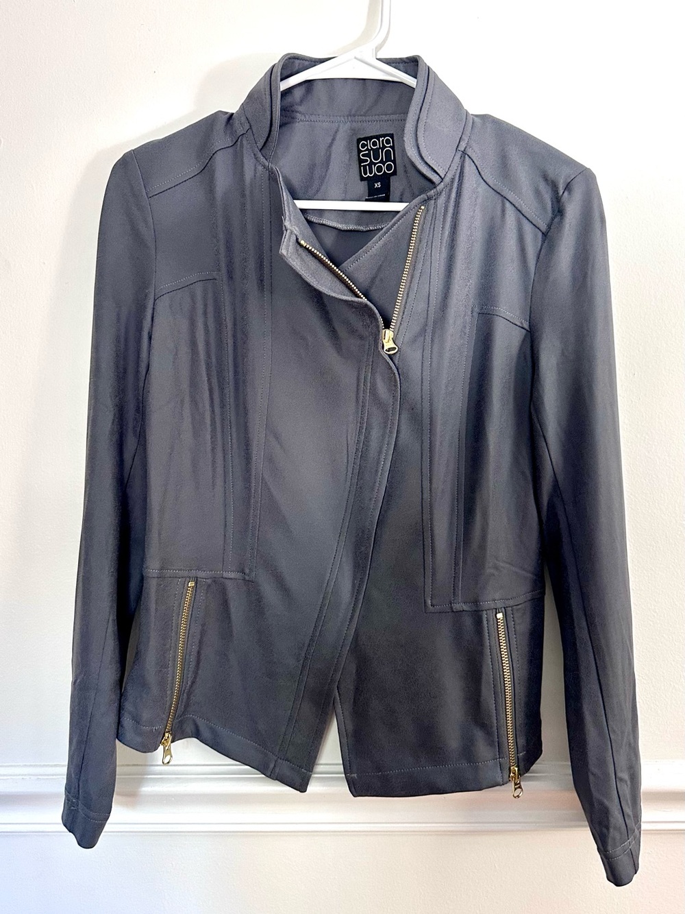 Clara Sunwoo XS Faux Suede Charcoal Asymmetrical Moto Side Zip Jacket